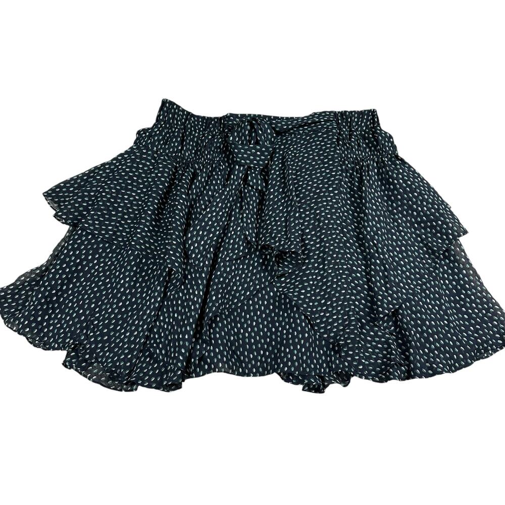 HALSTON HERITAGE Ruched Waist Dot Print Silk Flounce Mini Skirt Women's Size L